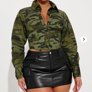 Camouflage Button-Up Shirt and Black Leather Skirt